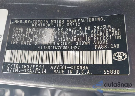 2012 Toyota Camry Hybrid Le z USA, uszkodzony, nr VIN 4T1BD1FK7CU051922